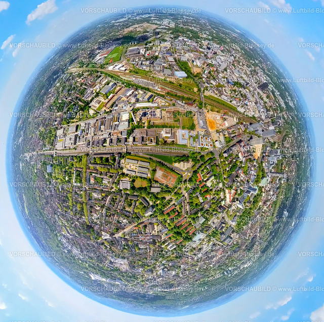Essen230520093ETEC | Luftbild, ETEC Essener Technologie- und Entwicklungs-Centrum, Erdkugel, Fisheye Aufnahme, Fischaugen Aufnahme, 360 Grad Aufnahme, Holsterhausen, Essen, Ruhrgebiet, Nordrhein-Westfalen, Deutschland