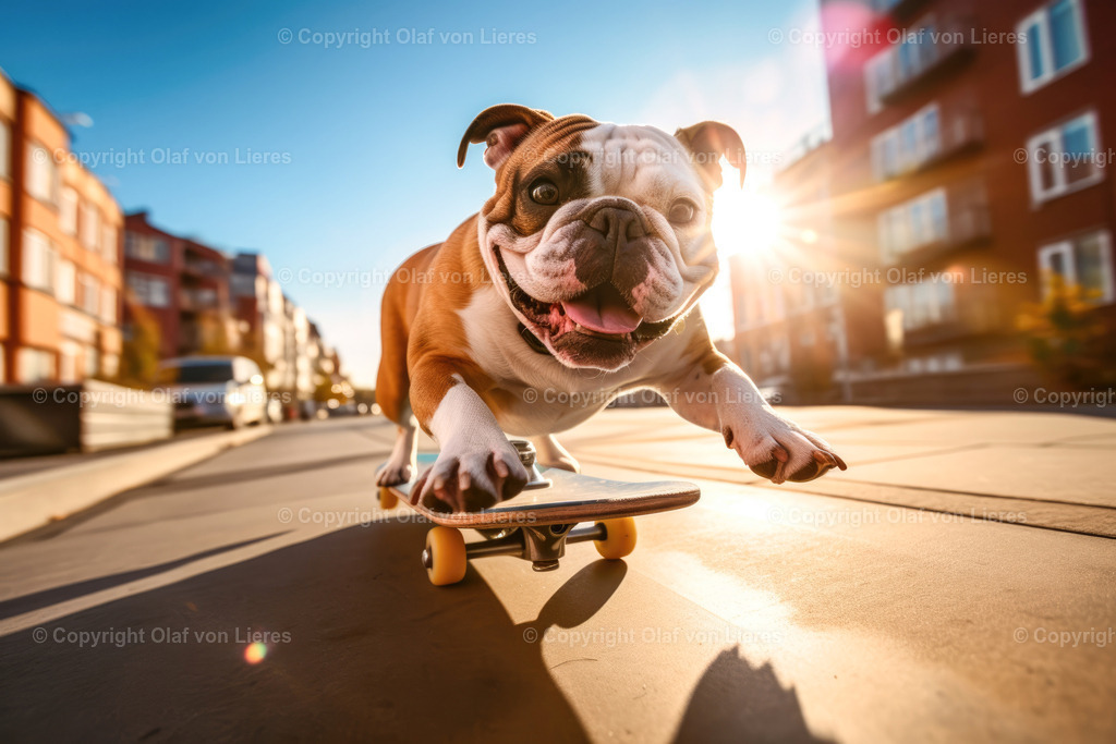 Bulldogge auf Skateboard | Hund im Sommer fährt Skateboard