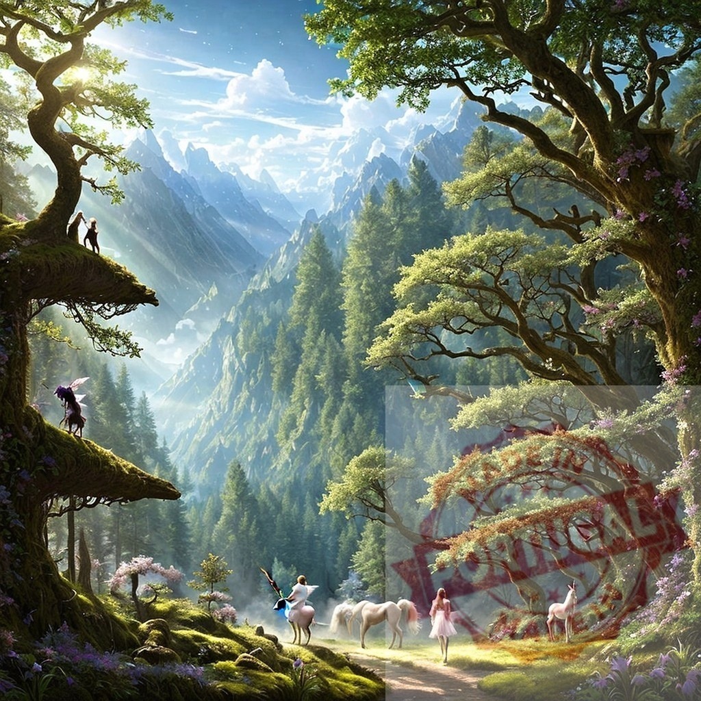 Fantasy valley with mythical creatures and enchanted forest. AI Experiments | Mystical forest landscape with unicorns, elves, and a magical mountain valley - Realized with Pictrs.com