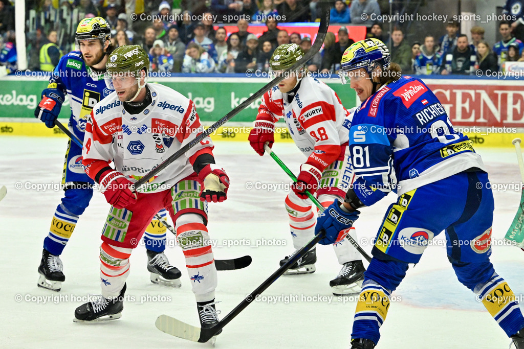 EC IDM WÄRMEPUMPEN VSV vs. HC Bozen | #81 RICHTER Marco EC VSV, #98 Hults Cole Dean HC Bozen, #24 Bourque Simon Dean HC Bozen, #8 Rebernig Maximilian EC VSV, EC IDM WÄRMEPUMPEN VSV vs. HC Bozen, EC IDM WÄRMEPUMPEN VSV vs. HC Bozen am 14.03.2025 in Villach (Stadthalle Villach), Austria, (Photo by Bernd Stefan)