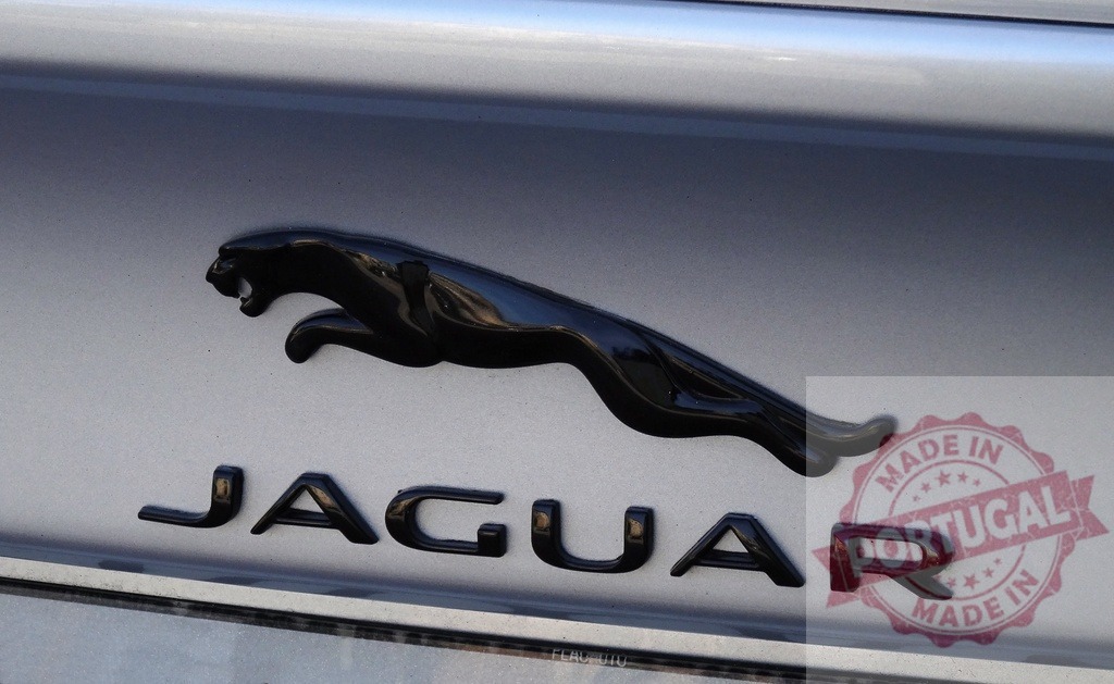 Black Jaguar car leaper emblem close-up on automotive vehicle | Black Jaguar leaper logo and text branding a luxury car trunk - Realized with Pictrs.com