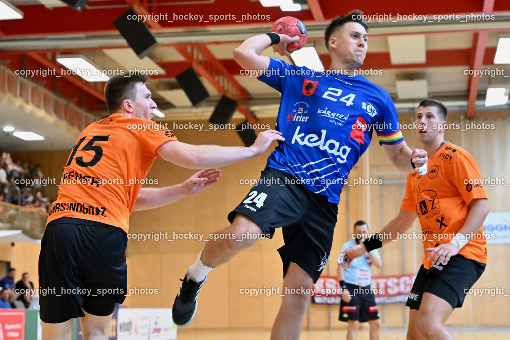 SC Ferlach vs. HSG Holding Graz 23.9.2023 | #15 OFFNER Paul Holding Graz, #24 JOVANOVIC Mladan SC Ferlach, #23 BELOS Nemanja Holding Graz, SC Ferlach vs. HSG Holding Graz 23.9.2023, SC Ferlach vs. HSG Holding Graz am 23.09.2023 in Bleiburg (Ballspielhalle Ferlach), Austria, (Photo by Bernd Stefan)