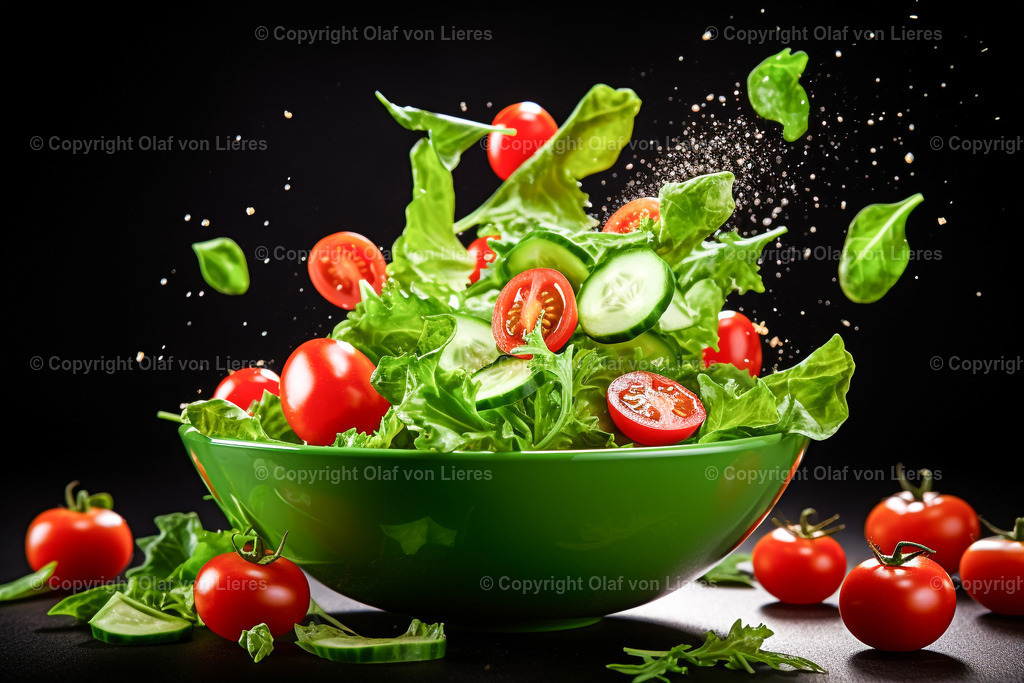 frischer Salat grün rot | Salatschalen mit Gurken und Tomaten 