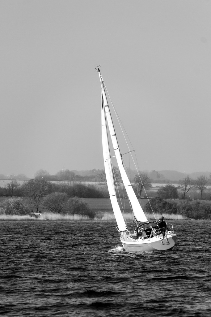 Wandbild: Segelboot in Sieseby in Schwarz-Weiß | Dieses Wandbild im Hochformat zeigt ein Segelboot auf der Schlei in Sieseby in Schwarz-Weiß.  - Realisiert mit Pictrs.com
