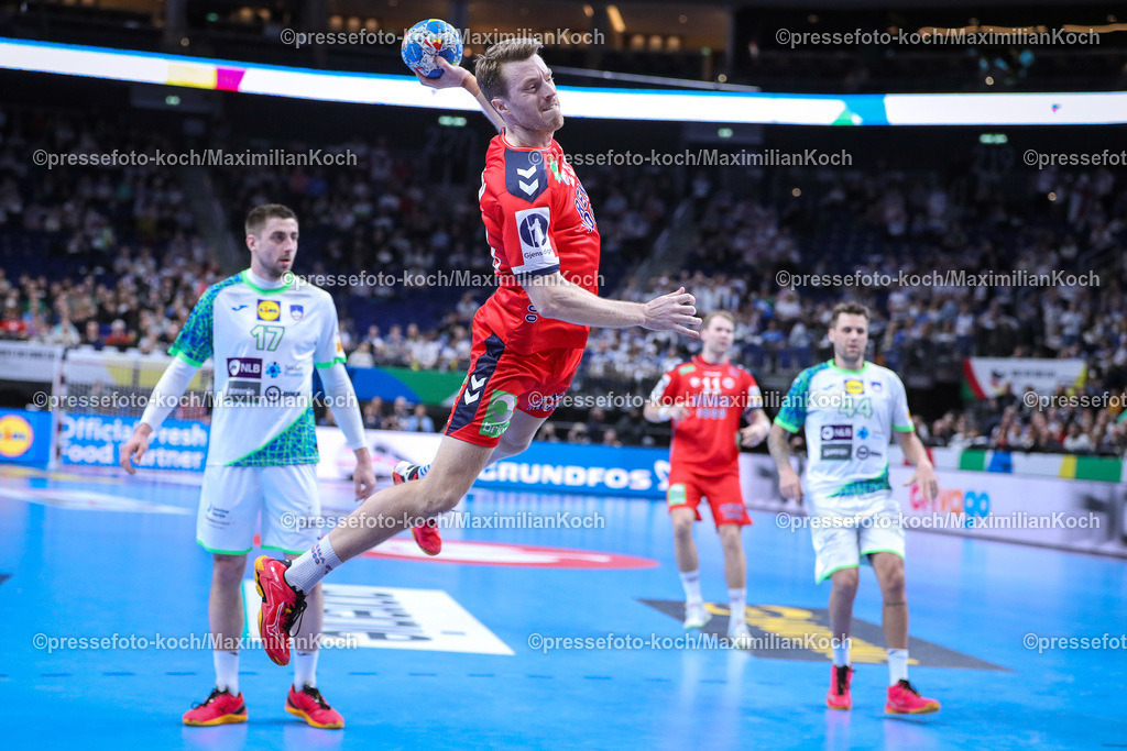EHFEURO15012402072 | 15.01.2024, EHF EURO 2024, Männer Europameisterschaft Handball, Mercedes-Benz-Arena in Berlin, Norwegen - Slowenien: Kristian Bjornsen (Norwegen)