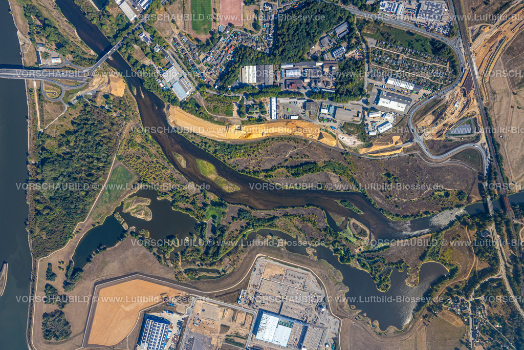 Wesel220806121 | Luftbild, Lippemündungsraum, Lippeaue, Flusslauf, Baustelle und Neubau Erweiterung Bundesstraße B8, Wesel, Ruhrgebiet, Nordrhein-Westfalen, Deutschland