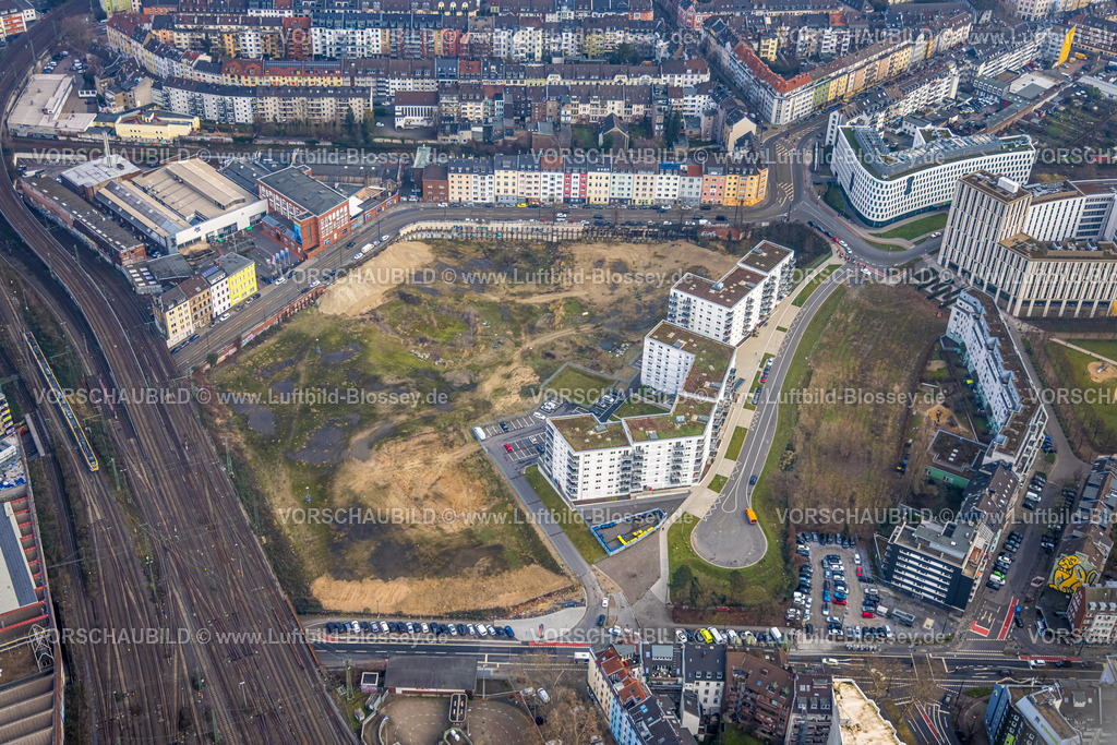 Duesseldorf260100396 | Luftbild, Baustelle Quartier Grand Central für Neubau Wohnquartier, ehemaliges Postverteilzentrum am Hauptbahnhof, zwischen Kölner Straße und Erkrather Straße, Oberbilk, Düsseldorf, Ruhrgebiet, Nordrhein-Westfalen, Deutschland