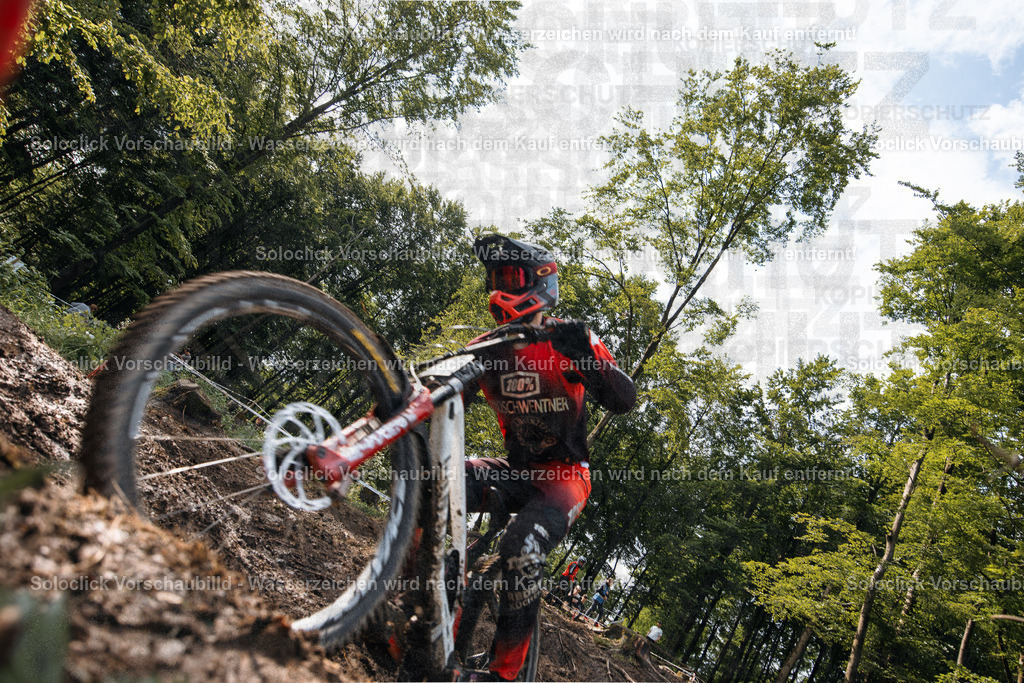 Mountainbike-Action im Wald | Das Foto zeigt einen Mountainbiker in voller Ausrüstung, der einen steilen, bewaldeten Hang hinunterfährt. Der Fokus liegt auf dem rot-weiß gestreiften Vorderrad des Mountainbikes, das sich im Vordergrund befindet. Der Fahrer trägt einen schwarzen Helm mit roter Markierung, eine dunkle Brille, eine schwarze Jacke mit roten Akzenten und Handschuhe. Der Hintergrund besteht aus dichtem Grünwerk und Bäumen, was auf eine Waldumgebung hindeutet. Das Bild vermittelt ein Gefühl von Geschwindigkeit und Abenteuer. - Realisiert mit Pictrs.com