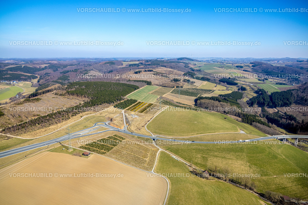 HB-Bestwig220302987 | Luftbild, Autobahn A46 mit Kreisverkehr auf die Bundesstraße B480 mit weitläufiger Landschaft, Nuttlar, Bestwig, Sauerland, Nordrhein-Westfalen, Deutschland