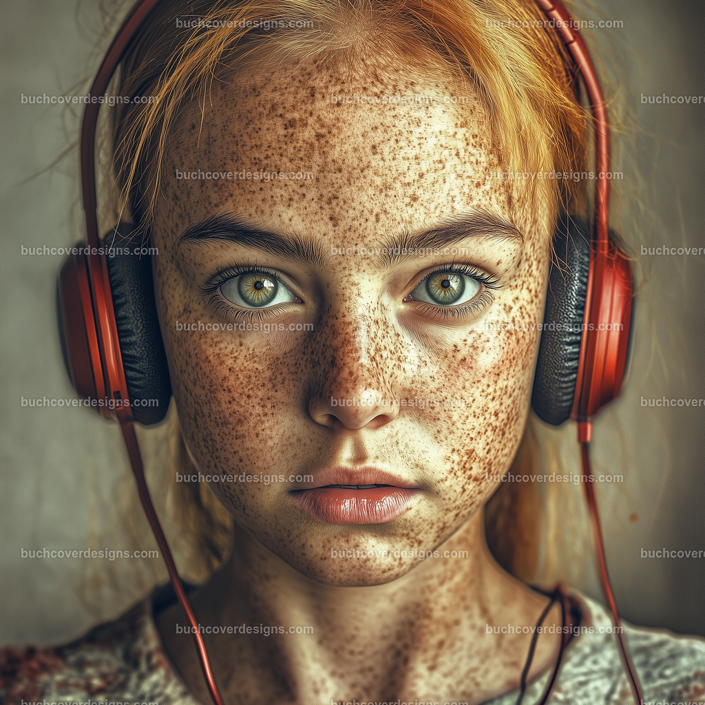 Gesicht einer Frau mit Kopfhörer (18) | girl face with skin freckles ,yellow hair spread over the surface of the image, with a red headphone - studio light - vivid colors - high detail - realistic - photo - front view --chaos 55 --stylize 300 --weird 1700 --v 6.1 Job ID: c033ef6c-0086-46c2-8bb1-1d82d871cb95