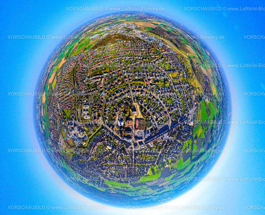 Selm250490070Mitte | Luftbild, Wohngebiet Ortsansicht Selm, Mitte Zentrum, Erdkugel, Fisheye Aufnahme, Fischaugen Aufnahme, 360 Grad Aufnahme, tiny world, little planet, fisheye Bild, Beifang, Selm, Ruhrgebiet, Nordrhein-Westfalen, Deutschland