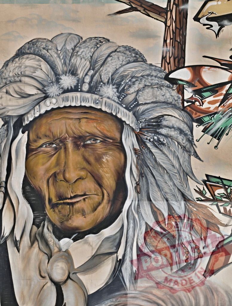Native American Chief wearing traditional feathered headdress posing in mural | Portrait of a Native American Chief wearing a feathered headdress in a colorful mural, celebrating indigenous culture and history - Realisiert mit Pictrs.com