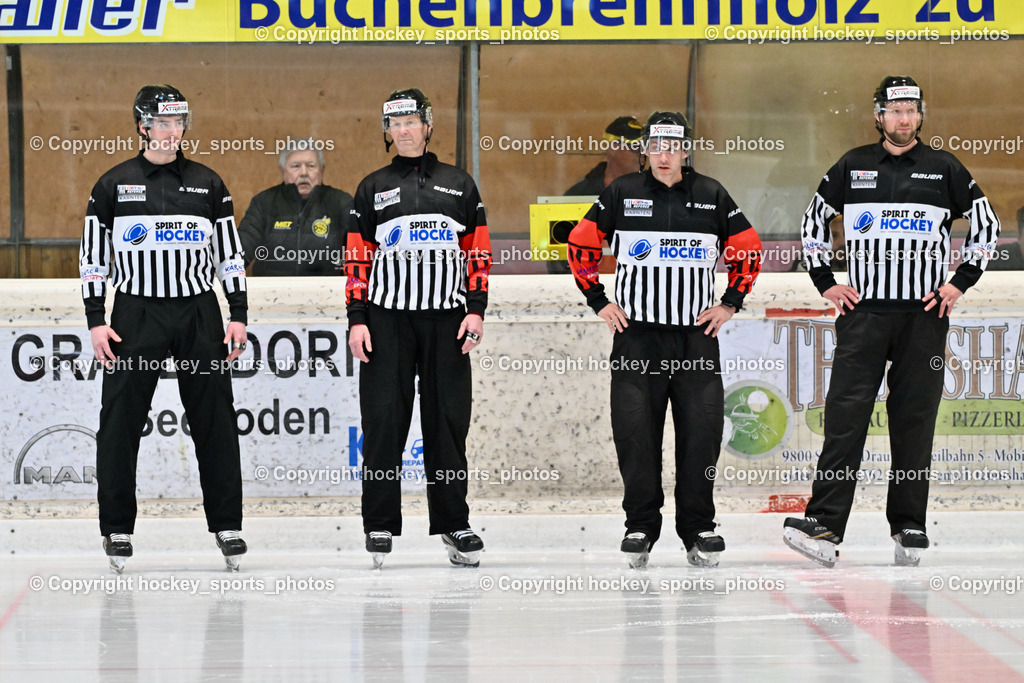 EC Hornets Spittal vs. USC Piraten Velden 18.2.2024 | Puff Wolfgang Referee, Wassermann Michael Referee, DREIER Alexander Referee, Mike David Referee, EC Hornets Spittal vs. USC Piraten Velden 18.2.2024, EC Hornets Spittal vs. USC Piraten Velden 18.2.2024 am 18.02.2024 in Spittal an der Drau (Eissportzentrum Spittal), Austria, (Photo by Bernd Stefan)