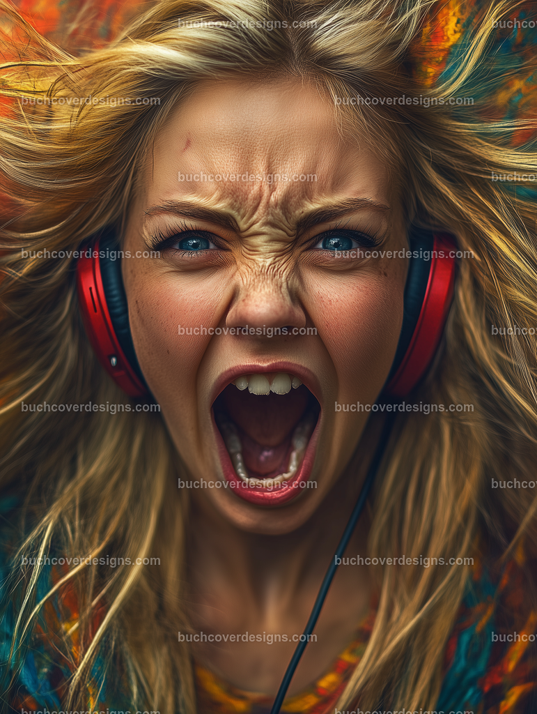 Gesicht einer Frau mit Kopfhörer (172) | vivid colors - high detail - photographic - sureal - screaming woman with a red headphone, --ar 3:4 --stylize 50 --weird 100 --v 6.1 Job ID: 0a3a11f3-eebc-42e5-a61d-891113fd8fa4
