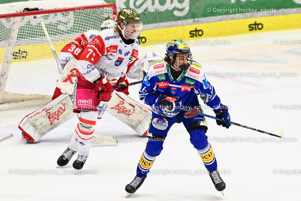 EC IDM WÄRMEPUMPEN VSV vs. HCB Südtirol Alperia | #46 Paul Sintschnig EC VSV, #73 Philip Samuelsson HCB Südtirol Alperia, #38 Samuel Harvey HCB Südtirol Alperia, EC IDM WÄRMEPUMPEN VSV vs. HCB Südtirol Alperia, EC IDM WÄRMEPUMPEN VSV vs. HCB Südtirol Alperia am 28.12.2025 in Villach (Stadthalle Villach), Austria, (Photo by Bernd Stefan)