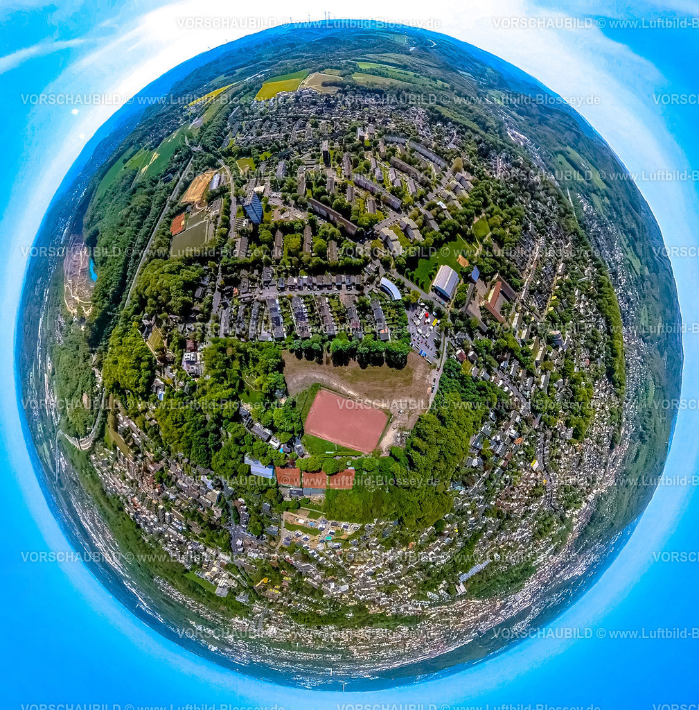 Hagen240590244Esms_Eppendorf | Luftbild, Wohngebiet Ortsansicht Ortsteil Emst Eppendorf, Karl-Ernst-Osthaus-Straße, Erdkugel, Fisheye Aufnahme, Fischaugen Aufnahme, 360 Grad Aufnahme, tiny world, little planet, fisheye Bild, Emst, Hagen, Ruhrgebiet, Nordrhein-Westfalen, Deutschland