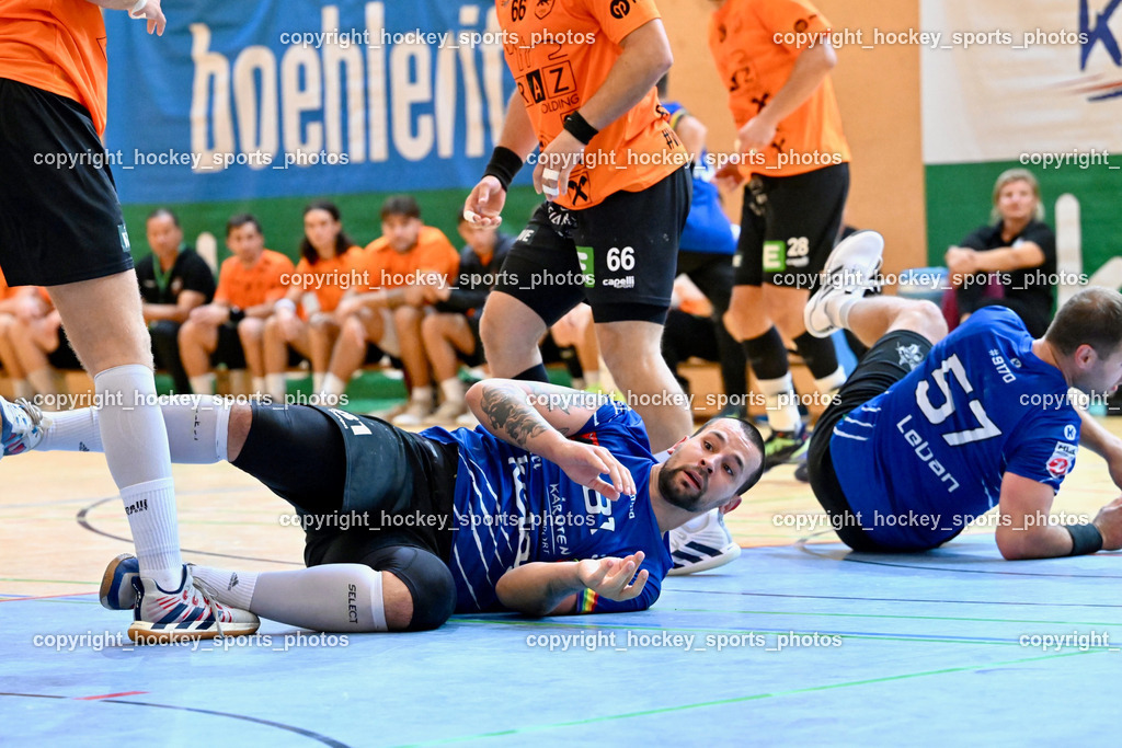 SC Ferlach vs. HSG Holding Graz 23.9.2023 | #81 MILICEVIC Adrian SC Ferlach, #57 LEBAN Patrik SC Ferlach, SC Ferlach vs. HSG Holding Graz 23.9.2023, SC Ferlach vs. HSG Holding Graz am 23.09.2023 in Bleiburg (Ballspielhalle Ferlach), Austria, (Photo by Bernd Stefan)