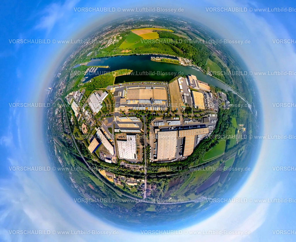 Herne240590005GewerbegebietGrosserFriedrich | Luftbild, Gewerbegebiet Friedrich der Große am Rhein-Herne-Kanal, Herner Meer mit Yachthafen für Sportboote, Erdkugel, Fisheye Aufnahme, Fischaugen Aufnahme, 360 Grad Aufnahme, tiny world, little planet, fisheye Bild, Horsthausen, Herne, Nordrhein-Westfalen, Deutschland