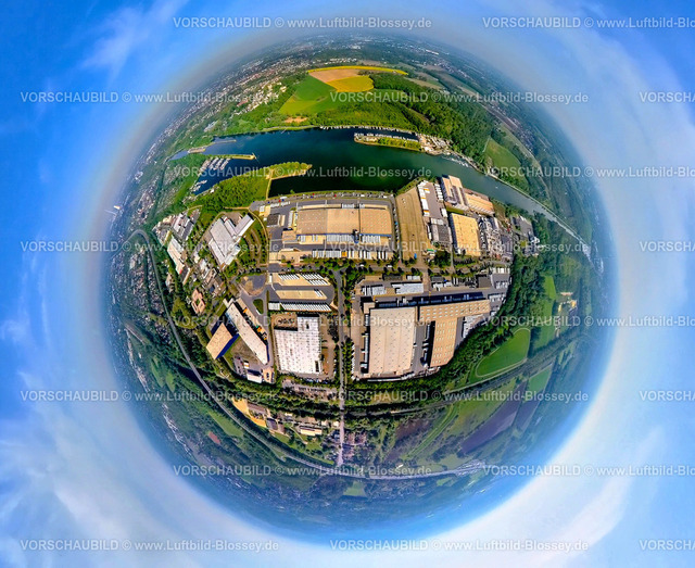 Herne240590005GewerbegebietGrosserFriedrich | Luftbild, Gewerbegebiet Friedrich der Große am Rhein-Herne-Kanal, Herner Meer mit Yachthafen für Sportboote, Erdkugel, Fisheye Aufnahme, Fischaugen Aufnahme, 360 Grad Aufnahme, tiny world, little planet, fisheye Bild, Horsthausen, Herne, Nordrhein-Westfalen, Deutschland