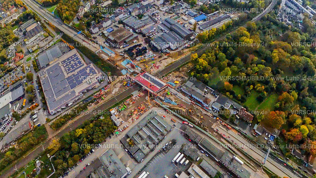 Bochum241090418A40SperrungFreudenbergstrasse | Luftbild, Vollsperrung der Autobahn A40 am Ersatzneubau und Brückenbau Schlachthofbrücke über die Bahnschienen am Schlachthof, Freudenbergstraße, Fisheye Aufnahme, Fischaugen Aufnahme, 360 Grad Aufnahme, tiny world, little planet, fisheye Bild, Hamme, Bochum, Ruhrgebiet, Nordrhein-Westfalen, Deutschland
