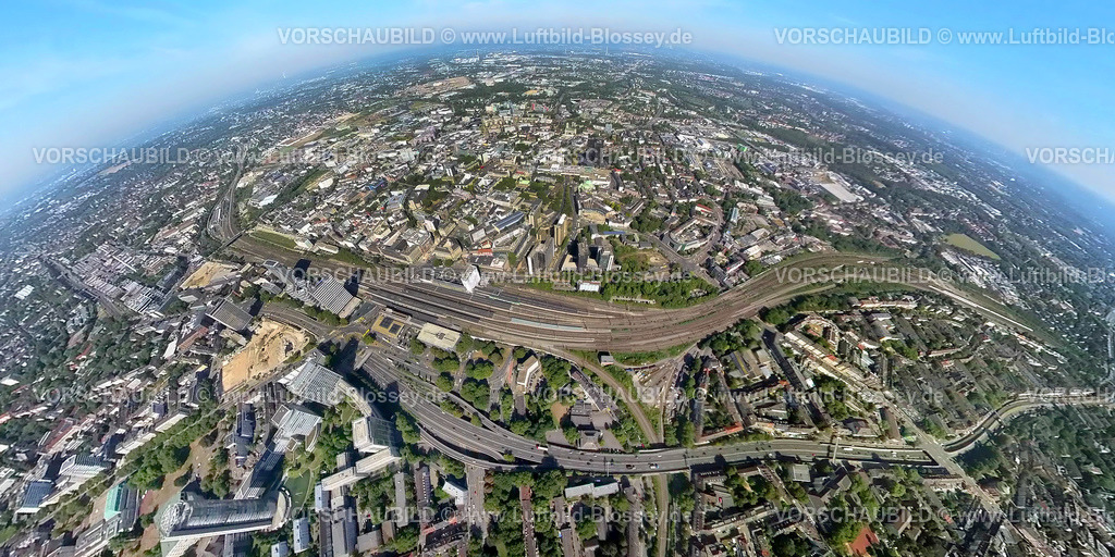 Essen20220823City1 | Luftbild, City mit Hauptbahnhof, Fisheye Aufnahme, Fischaugen Aufnahme, 360 Grad Aufnahme, Westviertel, Essen, Ruhrgebiet, Nordrhein-Westfalen, Deutschland