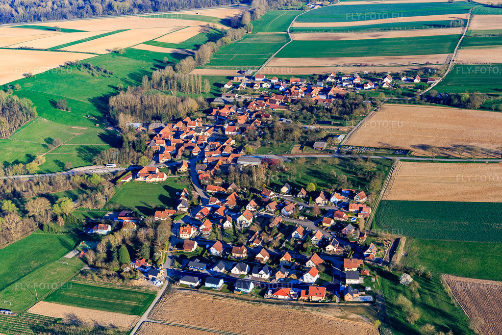 Vue aérienne: Vue de la ville depuis le nord-ouest à Ingolsheim dans le département Bas Rhin, France – .Photo: IMG_097788.jpg prise le 27/03/2017 par Werner Riehm/FLY-FOTO.eu – Résolution de l'original: 5309 x 3539 px