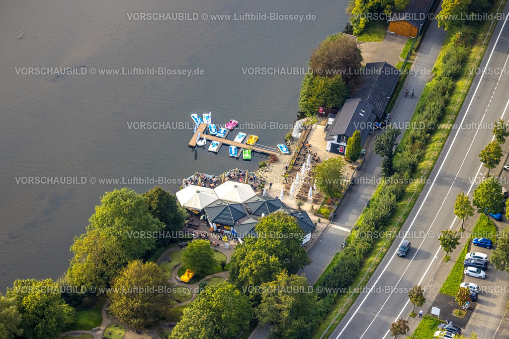 Olpe230913223 | Luftbild, Bootshaus Biggesee mit Außengastronomie, Tretboote Anlegestelle, Olpe-Stadt, Olpe, Sauerland, Nordrhein-Westfalen, Deutschland