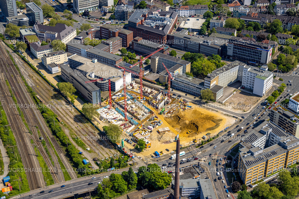 Essen230511864 | Luftbild, Baustelle neues Literatur Quartier für Büros und Wohnungen an der Sachsenstraße, Südviertel, Essen, Ruhrgebiet, Nordrhein-Westfalen, Deutschland