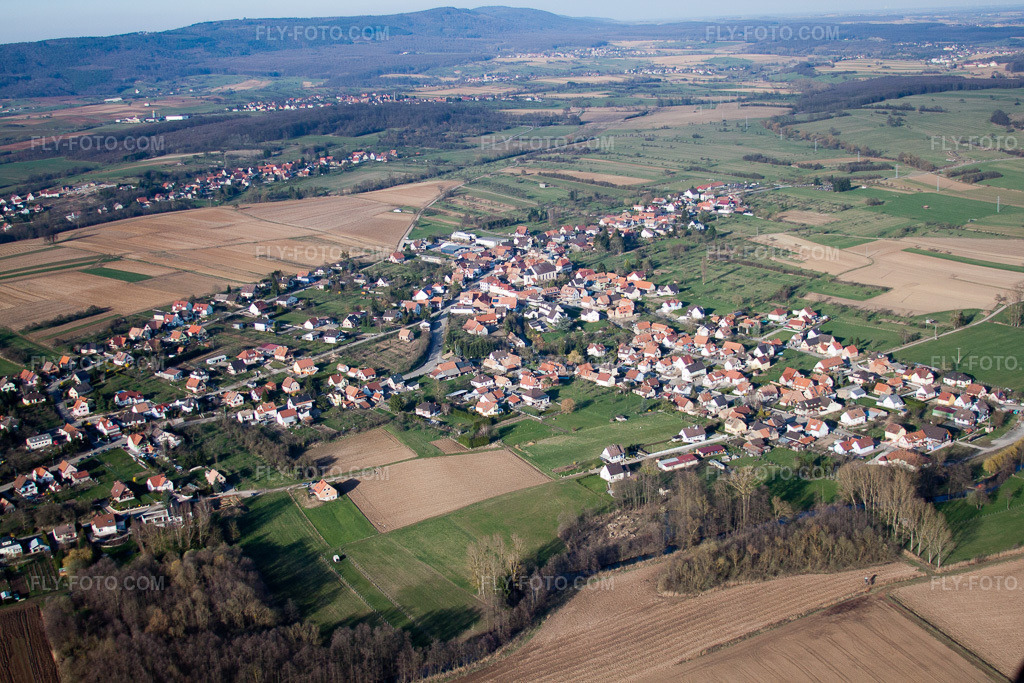 Aerial view: View of the town in Morsbronn-les-Bains in the state Bas-Rhin, France.Photo: IMG_38713.jpg taken on 03/20/2011 by Werner Riehm/FLY-FOTO.comResolution of the original: 4752 x 3168 px