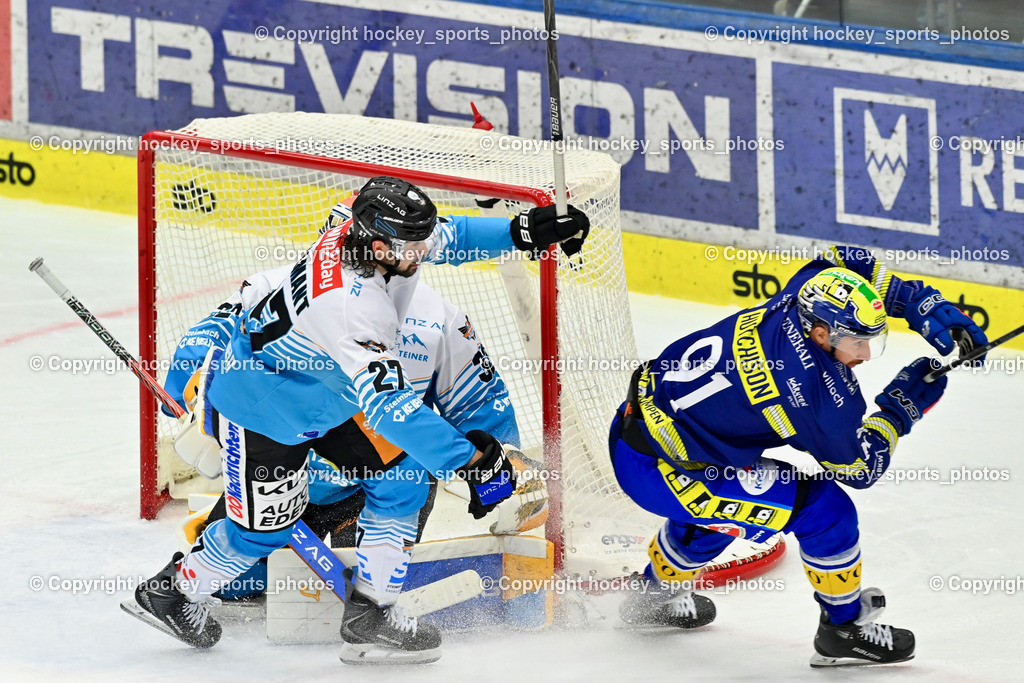 EC IDM Wärmepumpen VSV vs. Steinbach Black Wings Linz | #91 Nick Hutchison EC VSV, #27 Shawn St-Amant Black Wings Linz, #32 Rasmus Tirronen Black Wings Linz, EC IDM Wärmepumpen VSV vs. Steinbach Black Wings Linz, EC IDM Wärmepumpen VSV vs. Steinbach Black Wings Linz am 28.11.2025 in Villach (Stadthalle Villach), Austria, (Photo by Bernd Stefan)