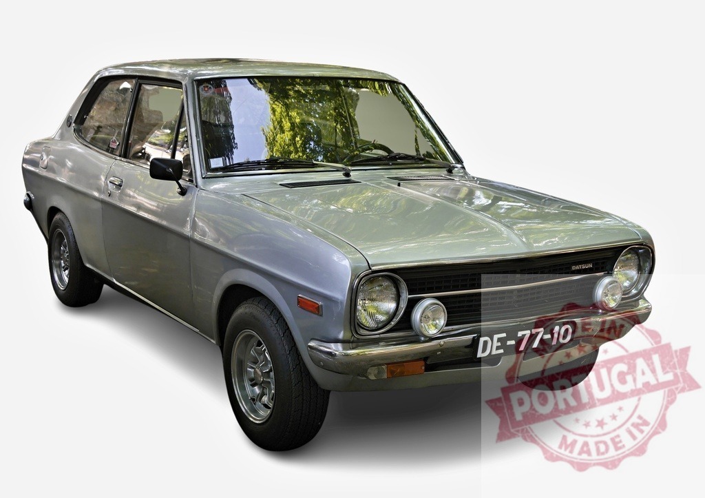 Datsun 120Y parked, showing front and side view | Classic Datsun 120Y car parked, exhibiting its front and side, evoking nostalgia for vintage automobiles - Realized with Pictrs.com
