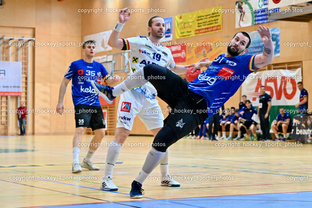 SC Ferlach vs. ALPLA HC Hard 2.3.2024 | #81 MILICEVIC Adrian SC Ferlach, #19 SCHNABL Nico HC Hard, #35 JURANIC Jura Egon SC Ferlach, SC Ferlach vs. ALPLA HC Hard 2.3.2024, SC Ferlach vs. ALPLA HC Hard am 02.03.2024 in Ferlach (Ballspielhalle Ferlach), Austria, (Photo by Bernd Stefan)