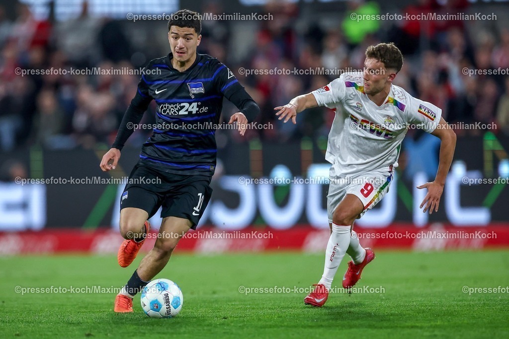 1FC05042501044 | 05.04.2025, Fußball, 1. FC Köln - Hertha BSC, 2.. Fußball Bundesliga, 28. Spieltag, RheinEnergie-STADION, Saison 2024 2025: Ibrahim Maza (Hertha BSC #10) im Zweikampf gegen Luca Waldschmidt (FC Koeln #9) DFB regulations prohibit any use of photographs as image sequences and or quasi-video.