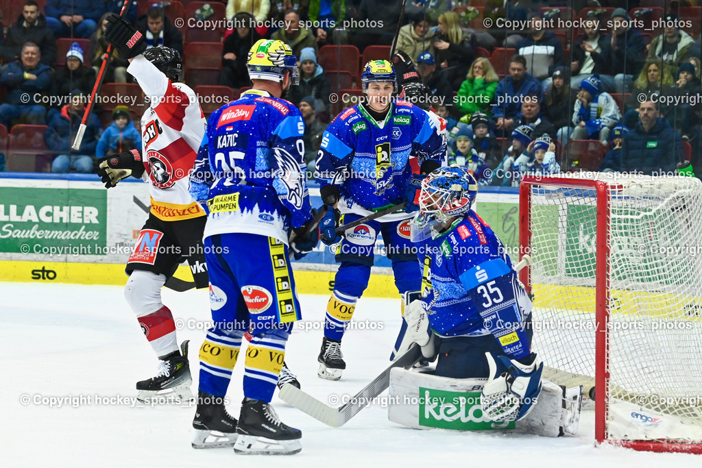 EC IDM Wärmepumpen VSV vs. Pioneers Vorarlberg | Tor Pioneers Vorarlberg, #35 Cannata Joe EC VSV, #95 Katic Mark EC VSV, #2 MACPHERSON Dylan EC VSV, #17 Cooper Oliver PIONEERS VORARLBERG, EC IDM Wärmepumpen VSV vs. Pioneers Vorarlberg, EC IDM Wärmepumpen VSV vs. Pioneers Vorarlberg am 14.12.2024 in Villach (Stadthalle Villach), Austria, (Photo by Bernd Stefan)