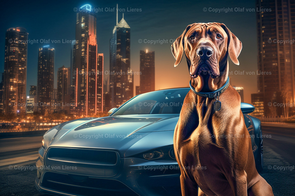 Rhodesian Ridgeback vorm Auto | Rhodesian Ridgeback sitzend vor einem Auto