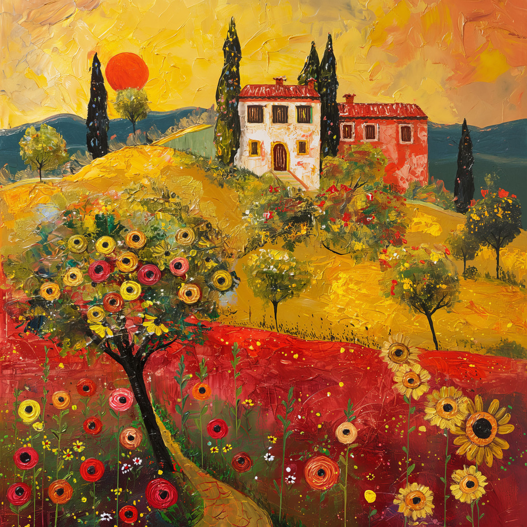 2407051 - Rote Sonne in der Toskana | Eine toskanische Landschaft im Stil eines Ölgemäldes.Bestellen Sie dieses Motiv als hochwertigen Kunstdruck z.B. auf Leinwand oder hinter Acrylglas. Für Preise, Größen- und Materialauswahl klicken Sie bitte auf "Bestellen.