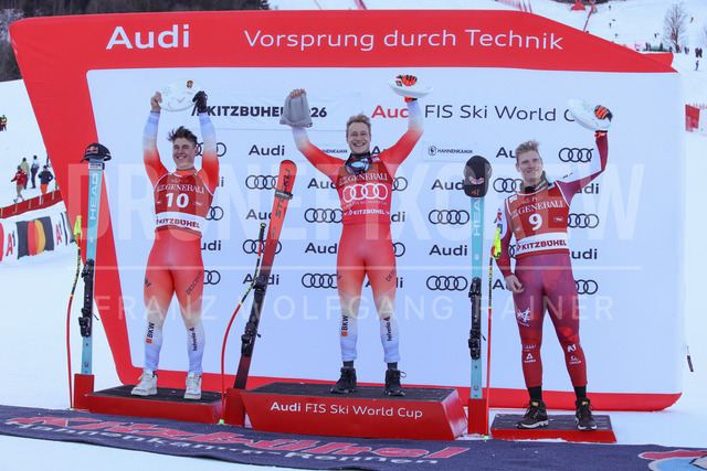 Audi FIS Ski World Cup: Men’s Slalom – Hahnenkamm Race, Kitzbuehel | Kitzbuehel, Austria, 25.Jan.26 - Alpine Skiing - FIS World Cup, Hahnenkamm Race, Slalom, men. The image shows VON ALLMEN Franjo (SUI, Head) second place with trophy, ODERMATT Marco (SUI, Stoeckli) first place with trophy and BABINSKY Stefan (AUT, Head) third place with trophy.