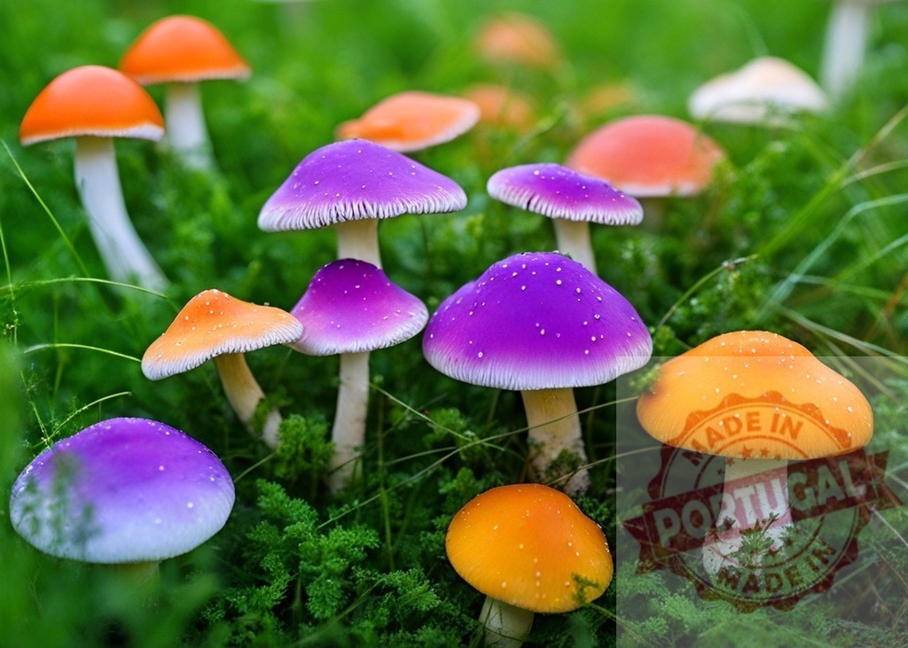 Vibrant fantasy toadstools in a magical forest setting | Colorful purple and orange mushrooms growing in green moss - Realisiert mit Pictrs.com