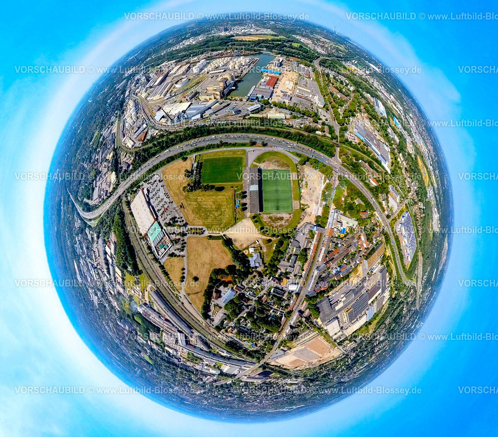 Gelsenkirchen240890584A42_GlueckAufStadion | Luftbild, Kampfbahn Glückauf Fußballstadion, DJK Teutonia Schalke-Nord 1921 e.V. Fußballverein, Kurt-Schumacher-Straße, oben der Stadthafen, Erdkugel, Fisheye Aufnahme, Fischaugen Aufnahme, 360 Grad Aufnahme, tiny world, little planet, fisheye Bild, Schalke-Nord, Gelsenkirchen, Ruhrgebiet, Nordrhein-Westfalen, Deutschland