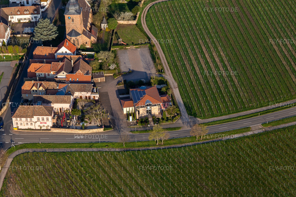 Luftbild: Das Weinhaus Vinothek Meßmer, Ritterhof zur Rose in Burrweiler im Bundesland Rheinland-Pfalz in Deutschland. Foto: IMG_126292.jpg vom 04.04.2021 durch Werner Riehm/FLY-FOTO.de