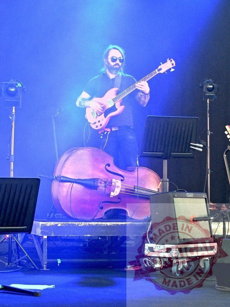 Musician playing electric bass guitar on stage with double bass and amplifier | Bass guitarist performing live on a stage illuminated by blue lights, with a double bass and amplifier nearby - Realized with Pictrs.com