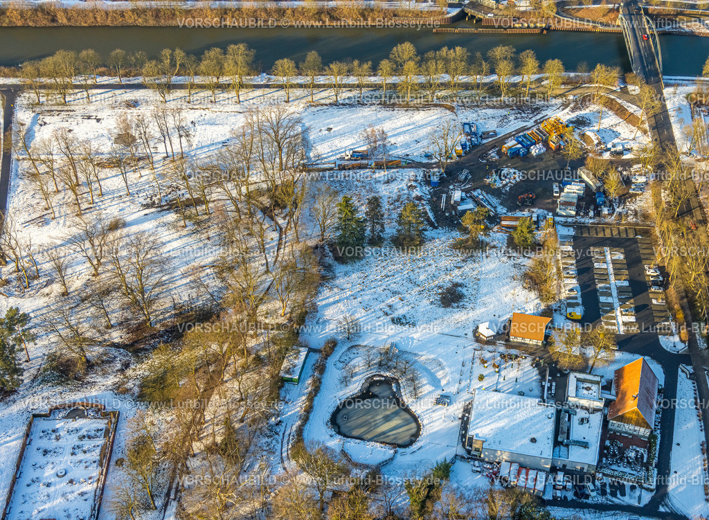 Hamm260105486 | Luftbild, Altes Fährhaus Restaurant und Baustelle, Kanalbrücke Fährweg, Winterlandschaft, Uentrop, Hamm, Ruhrgebiet, Nordrhein-Westfalen, Deutschland