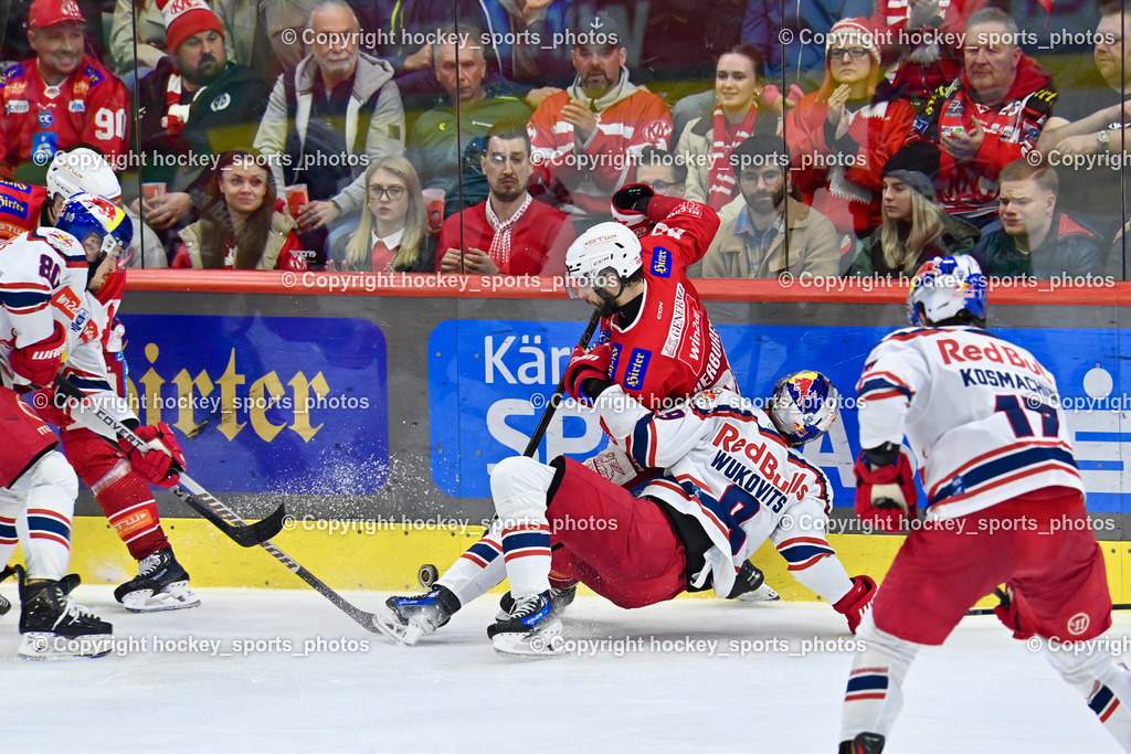EC KAC vs. EC Red Bull Salzburb | #9 Wukovits Ali EC RED BULL SALZBURG,  #89 Herburger Raphael EC KAC, EC KAC vs. EC Red Bull Salzburb, EC KAC vs. EC Red Bull Salzburb am 04.04.2025 in Klagenfurt (Heidi Horten Arena), Austria, (Photo by Bernd Stefan)