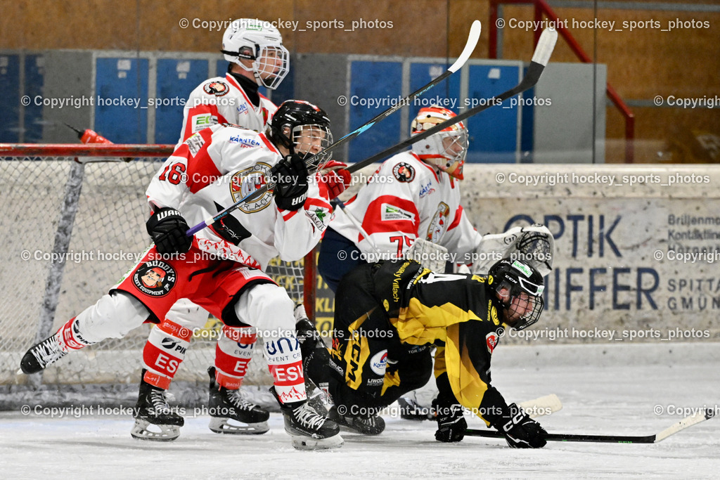 EC MET PHOTOVOLTAIK HORNETS SPITTAL vs. ESV Ferlach | #16 Makuch Maksym ESV Ferlach, #7 Steiner Marco ESV Ferlach, #14 Stele Florian EC Hornets Spittal, #75 Kropiunig Ralf ESV Ferlach, EC MET PHOTOVOLTAIK HORNETS SPITTAL vs. ESV Ferlach, EC MET PHOTOVOLTAIK HORNETS SPITTAL vs. ESV Ferlach am 06.12.2025 in Spittal an der Drau (Eissportzentrum Spittal), Austria, (Photo by Bernd Stefan)