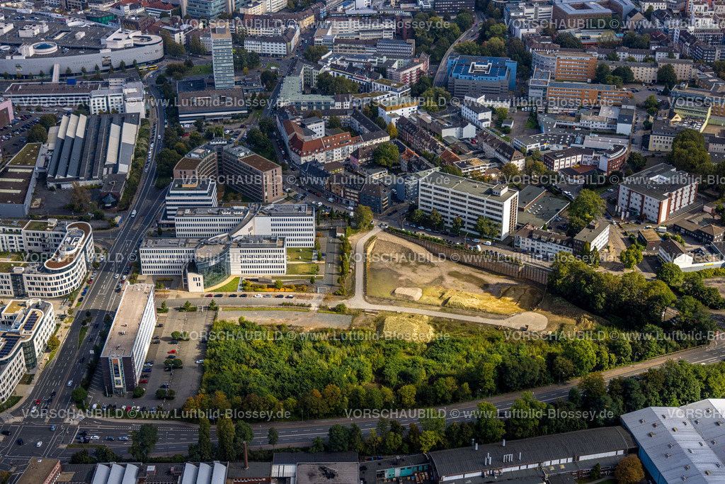 Essen241001668 | Luftbild, Geschäftshäuser mit GNS Gesellschaft für Nuklear Service und Baugebiet an der Kontorhausstraße Ecke Schmiedestraße, Westviertel, Essen, Ruhrgebiet, Nordrhein-Westfalen, Deutschland
