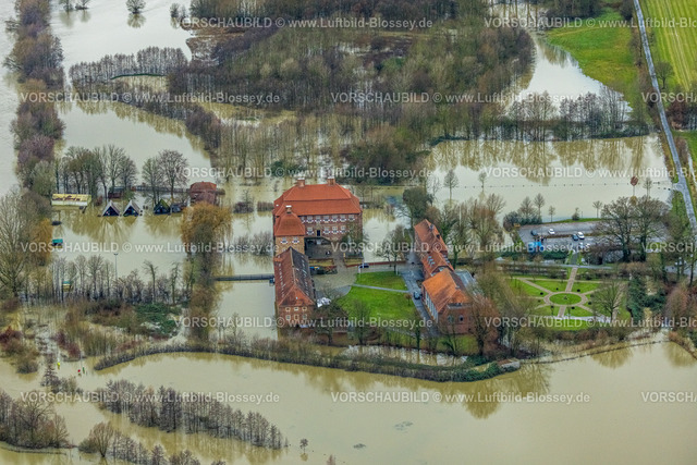 Hamm231201086 | Luftbild vom Hochwasser der Lippe, Weihnachtshochwasser 2023, Fluss Lippe tritt nach starken Regenfällen über die Ufer, Überschwemmungsgebiet Lippeaue Oberwerrieser Mersch am Schloss Oberwerries, Uentrop, Hamm, Ruhrgebiet, Nordrhein-Westfalen, Deutschland