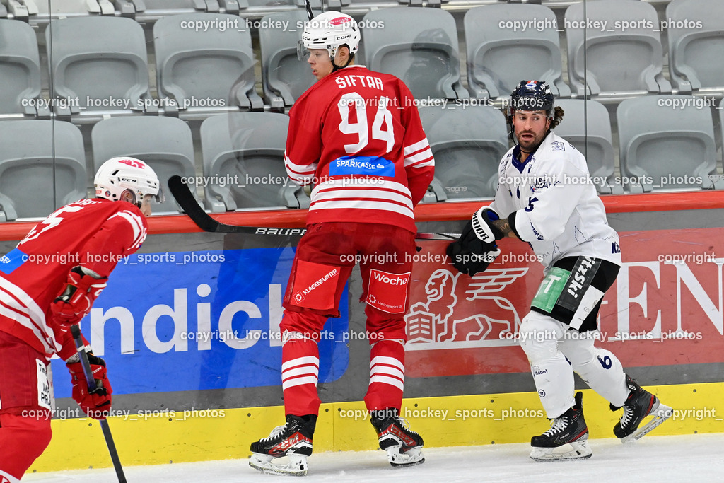 EC KAC Future Team vs. Die Adler Kitzbühl 7.10.2023 | #94 Siftar Anze, #6 Rotter Rafael EC Kitzbühel, EC KAC Future Team vs. Die Adler Kitzbühl 7.10.2023, EC KAC Future Team vs. Die Adler Kitzbühl am 07.10.2023 in Klagenfurt (Messehalle Klagenfurt), Austria, (Photo by Bernd Stefan)