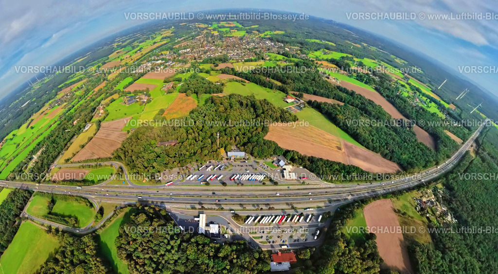 Huenxe250904465 | Luftbild, Raststätte Hünxe-Ost und Hünxe-West, Tank und Rast mit LKW Parkplatz an der Autobahn A3 und Anschussstelle Hünxe, Wiesen und Felder mit Waldgebiet, Erdkugel, Fisheye Aufnahme, Fischaugen Aufnahme, 360 Grad Aufnahme, tiny world, little planet, fisheye Bild, , Hünxe, Ruhrgebiet, Nordrhein-Westfalen, Deutschland