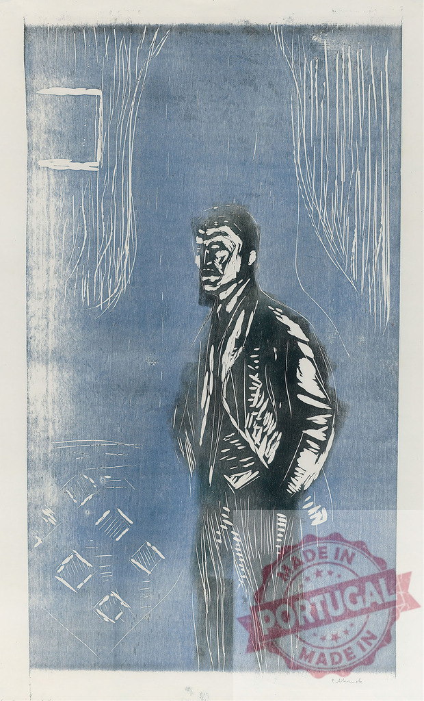 Edvard Munch self-portrait in clinic woodcut Expressionism art | Edvard Munch Man standing in an interior, hands in pockets, reflecting psychological depth - Realized with Pictrs.com