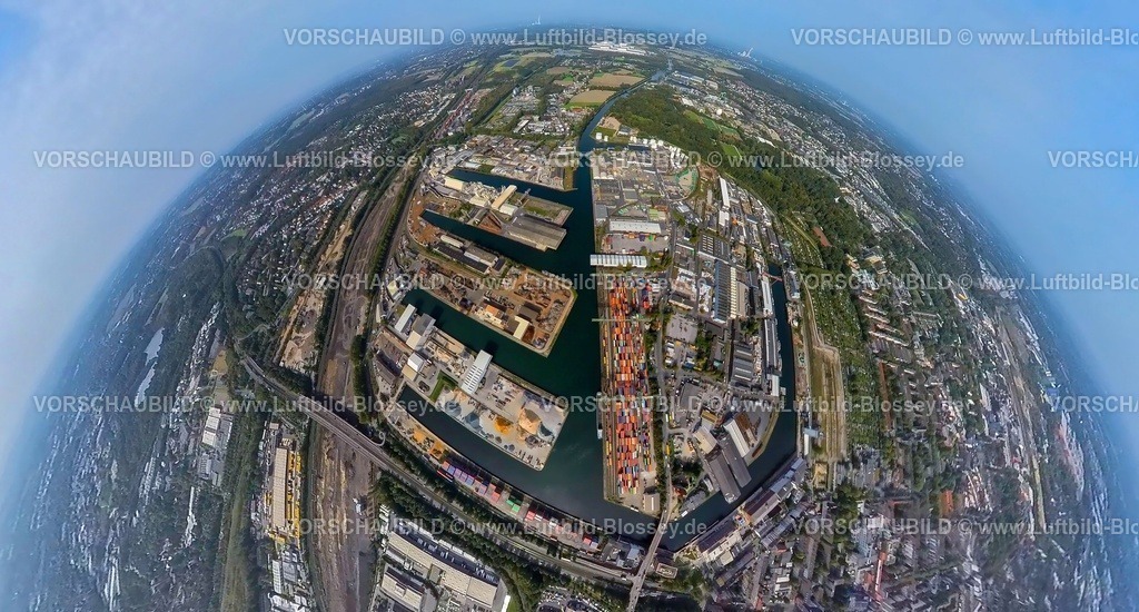 Dortmund231090061Hafen | Luftbild, Hafen Dortmund, Erdkugel, Fisheye Aufnahme, Fischaugen Aufnahme, 360 Grad Aufnahme, tiny world, Hafen, Dortmund, Ruhrgebiet, Nordrhein-Westfalen, Deutschland
